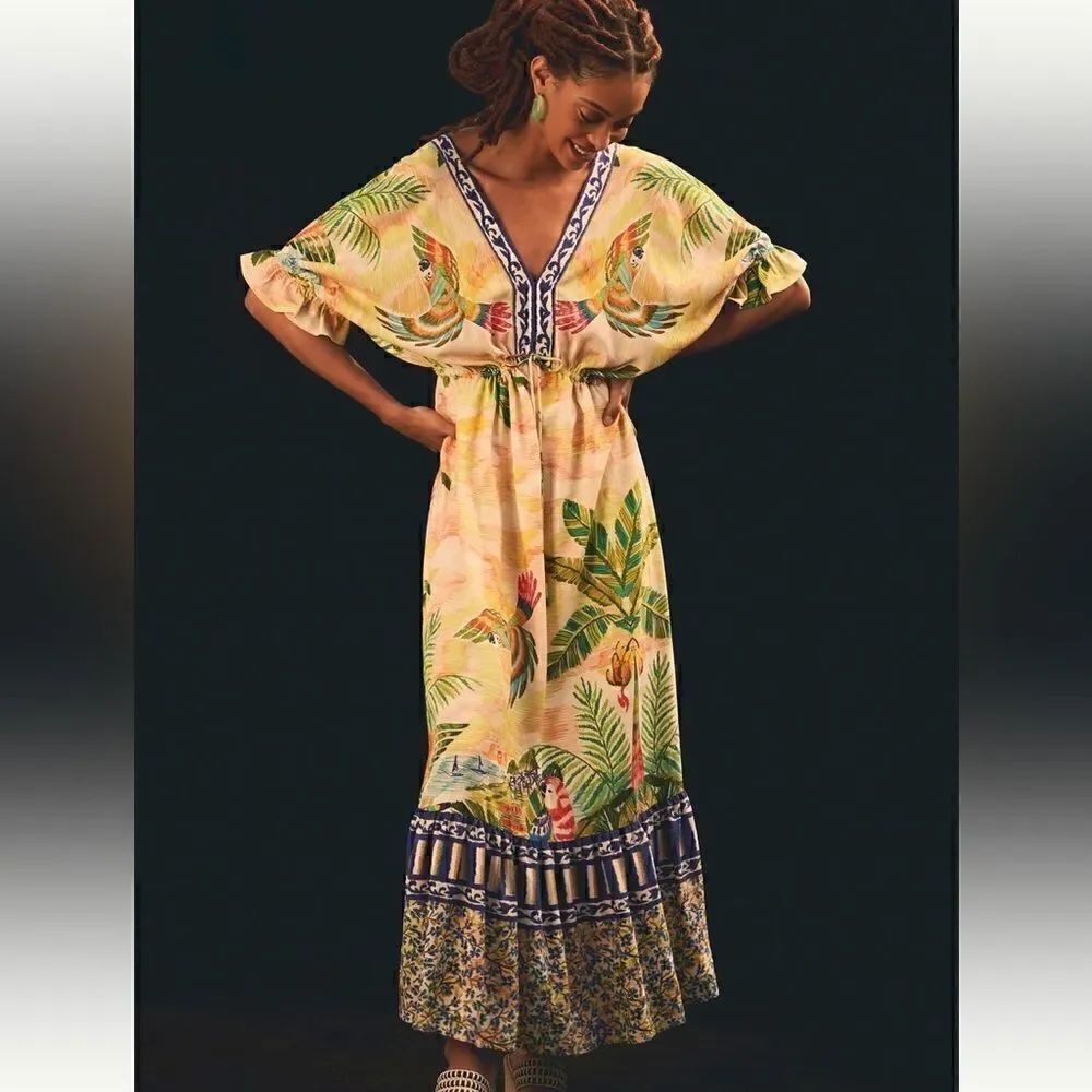 Farm Rio macaw 🦜 paradise puff sleeve maxi dress NWT